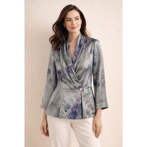 Dana Buchman 100% Silk Floral Blouse Gray Wrap Button Size 4